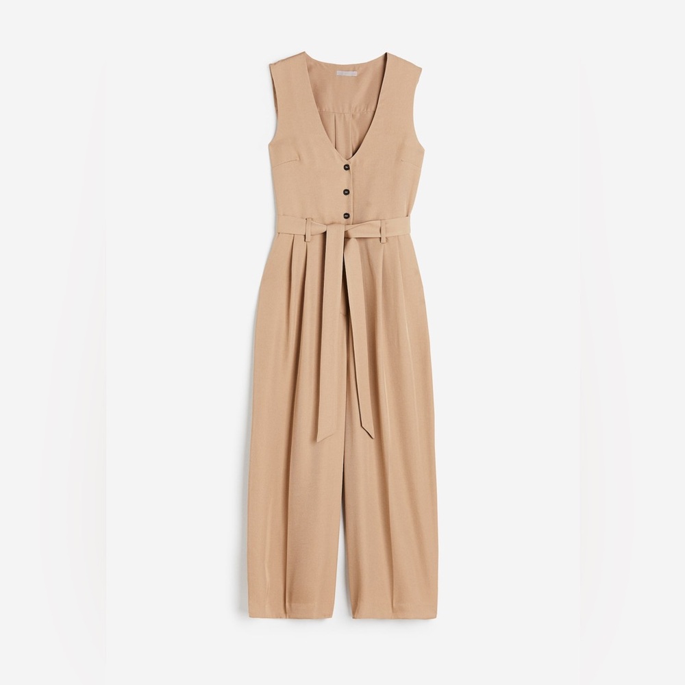 H&M Tan V-Neck Belted Button-up Wide Leg Jumpsuit SZ M
